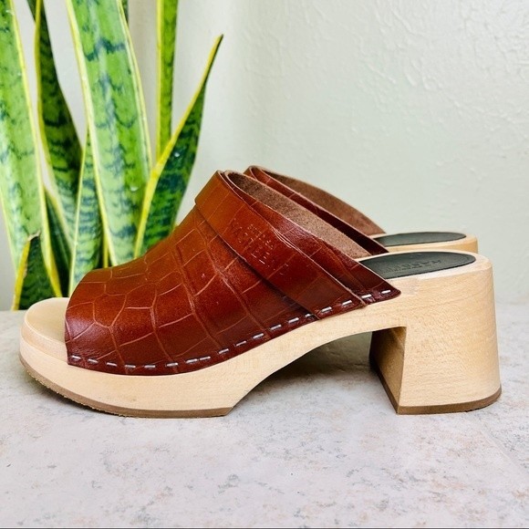 SWEDISH HASBEENS Brown Leather Croc Platform Mules Clogs Sandals Shoes 38 8 8.5 - Picture 5 of 11